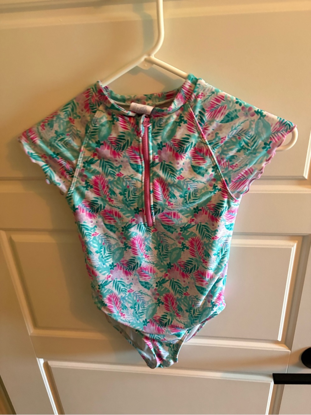 More Than Magic Kids Tropical Leaf Zip One-Piece Swimsuit in Pink & Teal